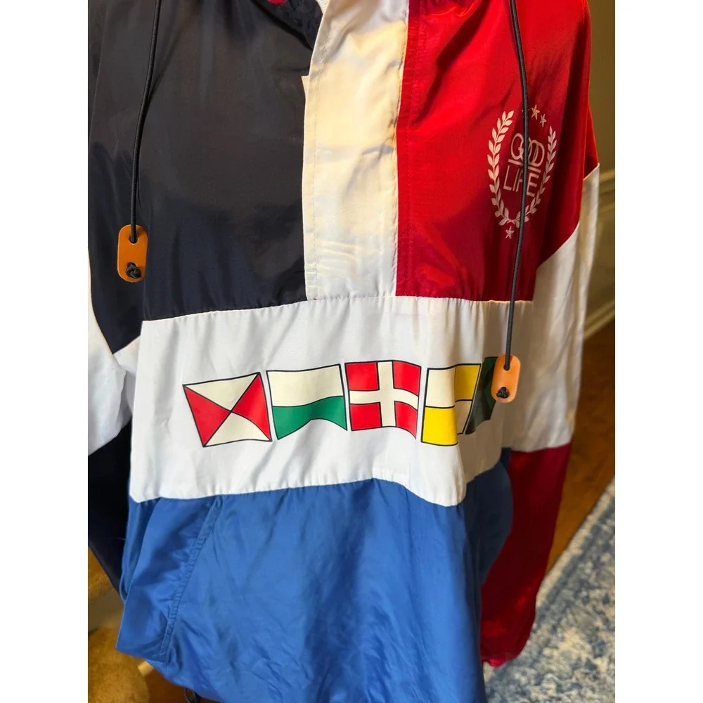 Camp Good Life Mens 2XL Nautical Colorblock Windbreaker Anorak Jacket Flags